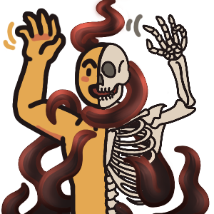 a figure from the waist up, raising their arms above their head and wiggling their fingers. They have a big smile on their face. they are half skeleton, half living. There are red-black tendrils curling beside and around them, with one main tendril looping around their neck and circling in the air above their head.
